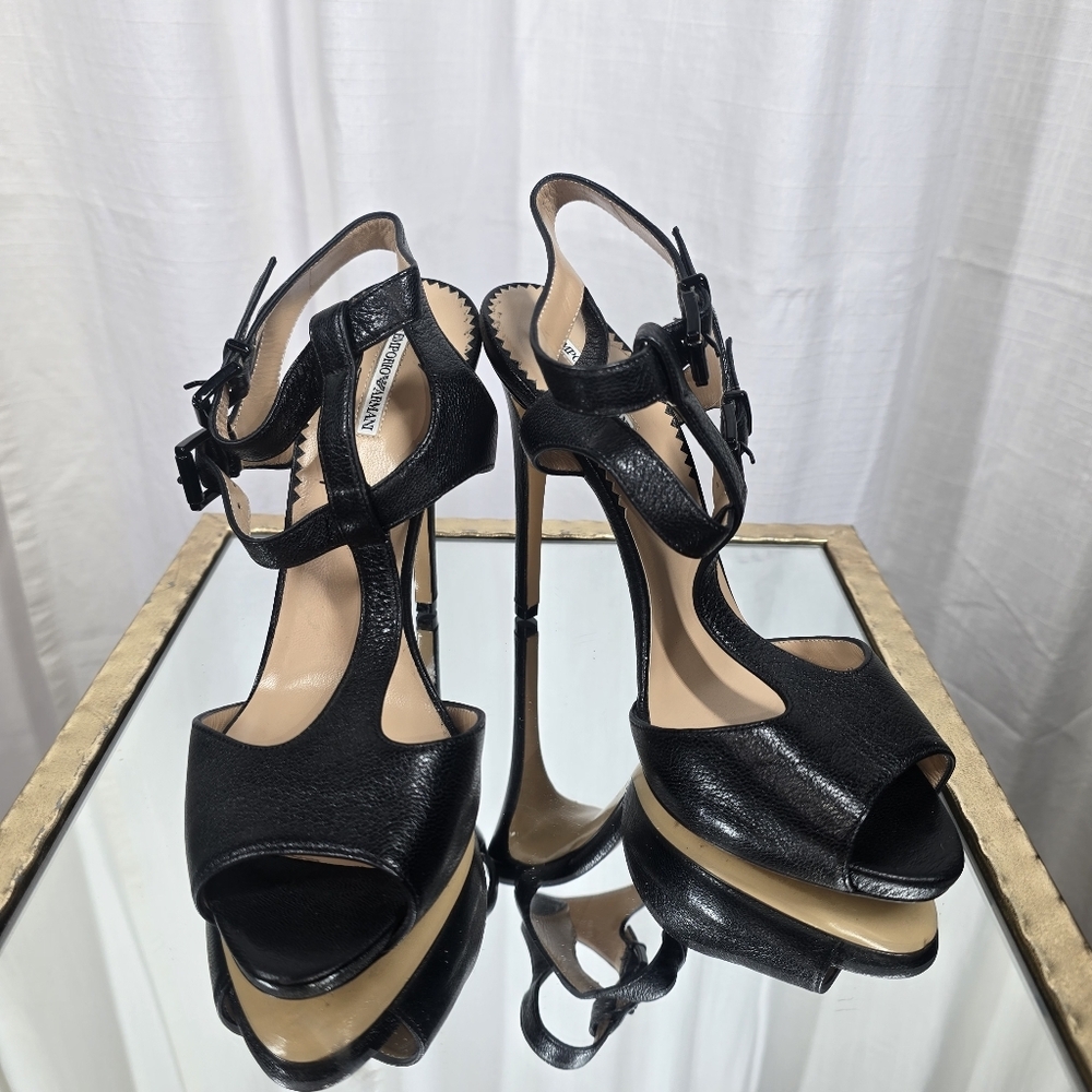 Emporio Armani Black Leather Strappy Heels - Picture 11 of 16